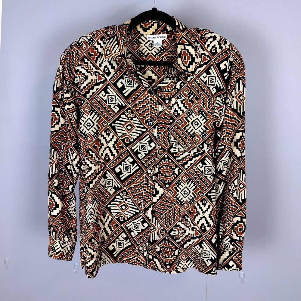 90s Regina Porter Silk Geometric Tribal Print Button Down Shirt Brown Womens M